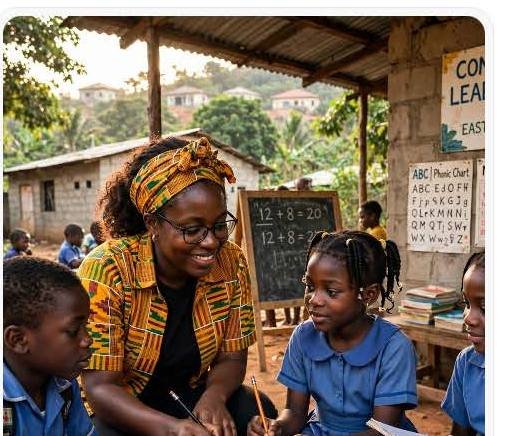 A volunteer educator helping children at the East Legon Hills community hub