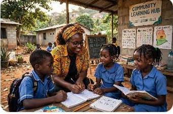 A parent volunteer working with children at the community hub